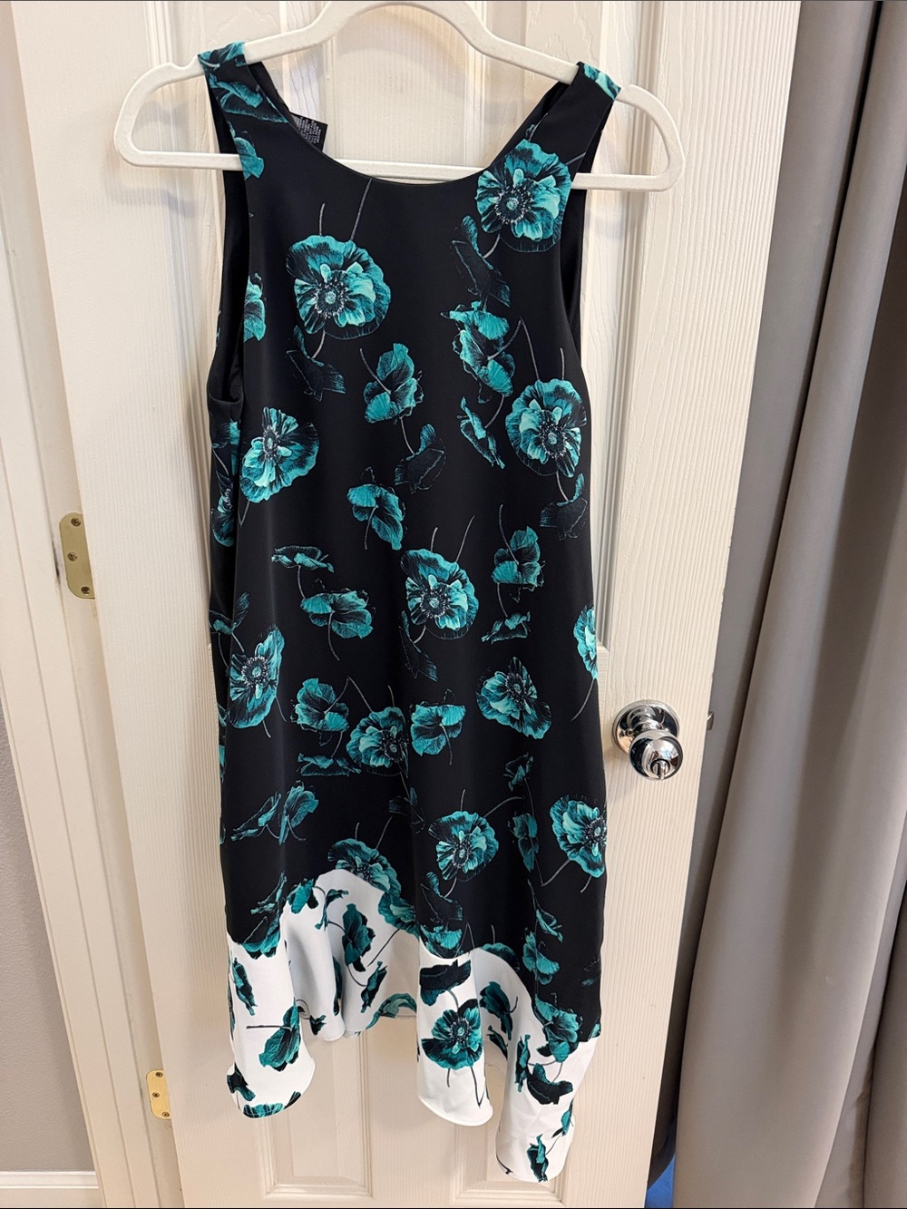Alfani Black Midi Dress with Teal Floral Print and White Hem